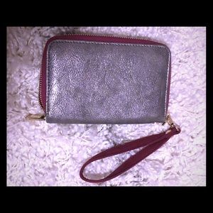 metallic zip around clutch wallet